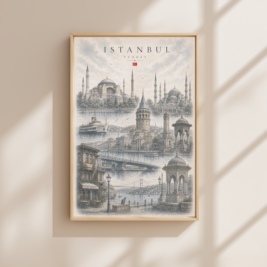 Istanbul Turkiye Travel Wall Art - Landmarks with Typography (Unframed)