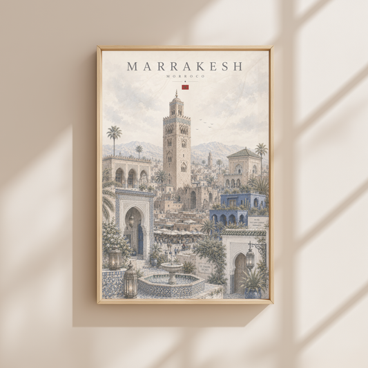 Marrakech Morocco Travel Wall Art - Landmarks with Typography (Unframed)