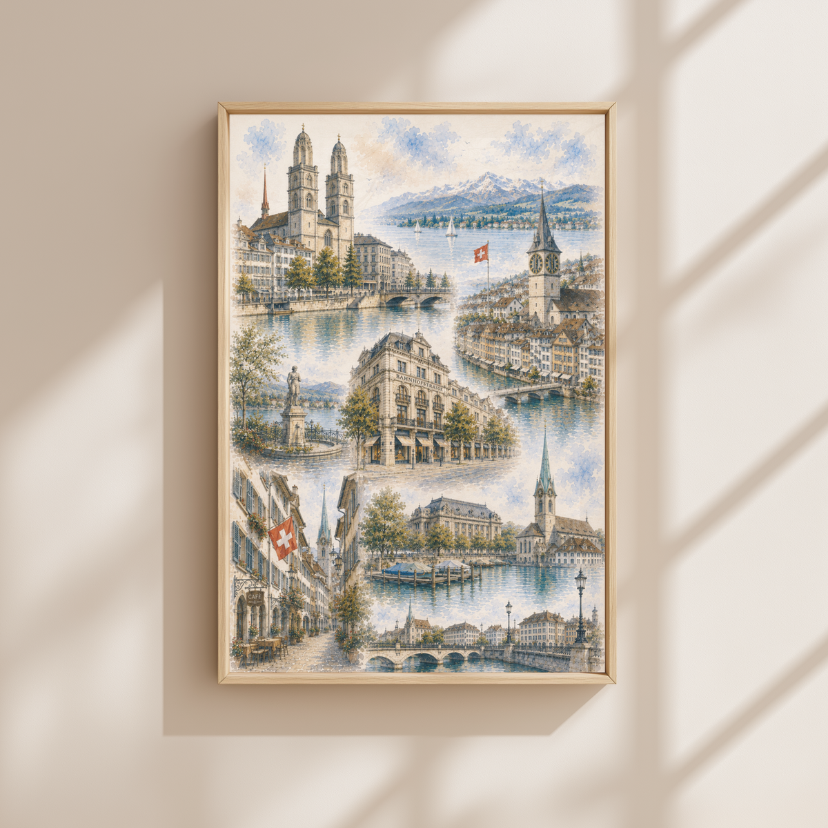 Zurich Switzerland Travel Wall Art - Landmarks Collage (Unframed)