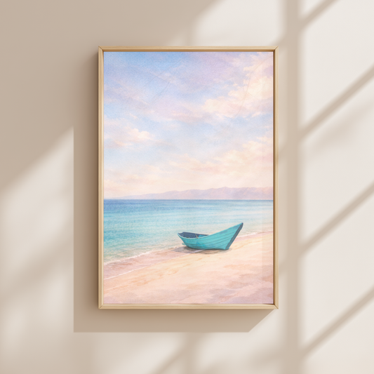 Coastal Beach Wall Art Print – Turquoise Boat (Unframed)