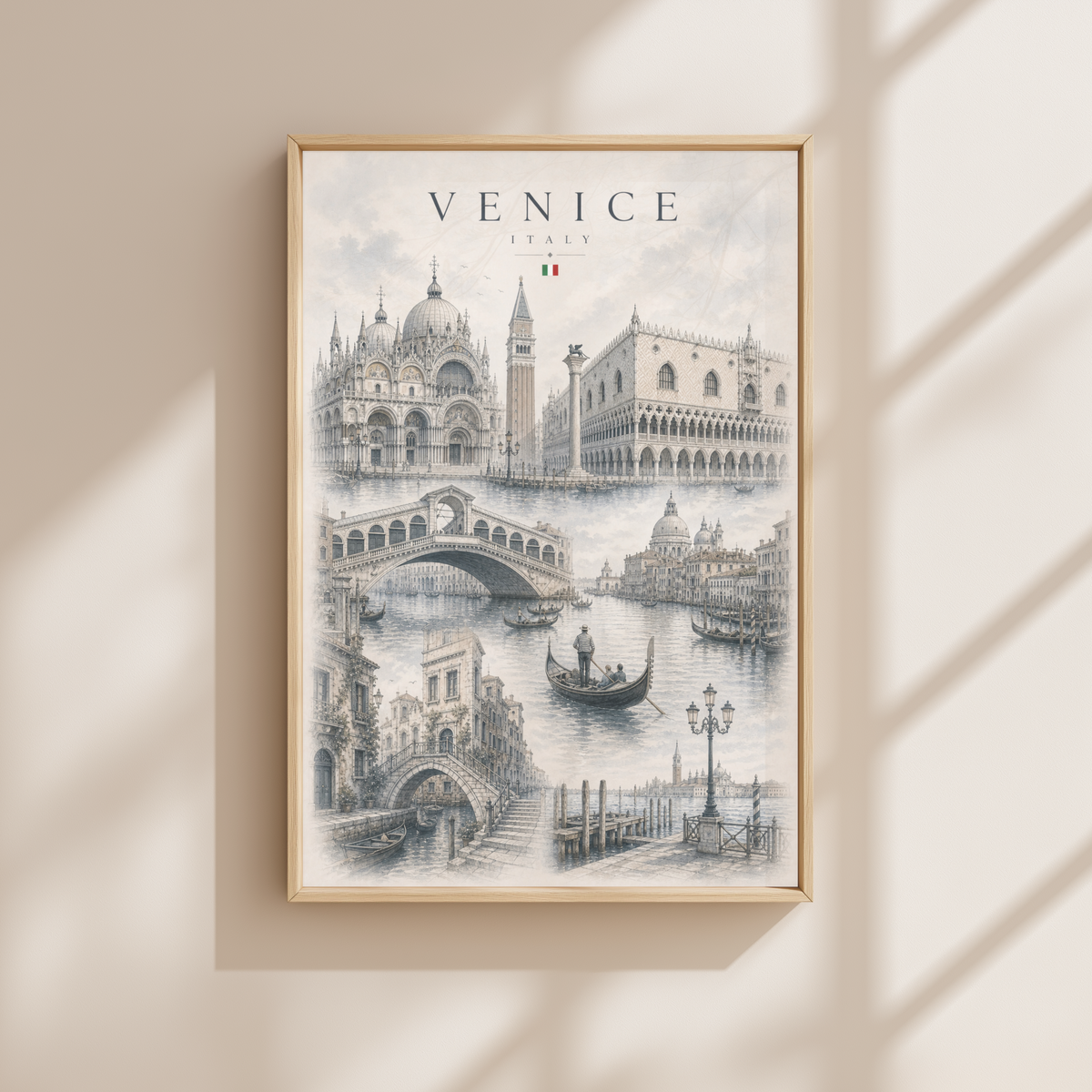 Venice Italy Travel Wall Art - Landmarks with Typography (Unframed)