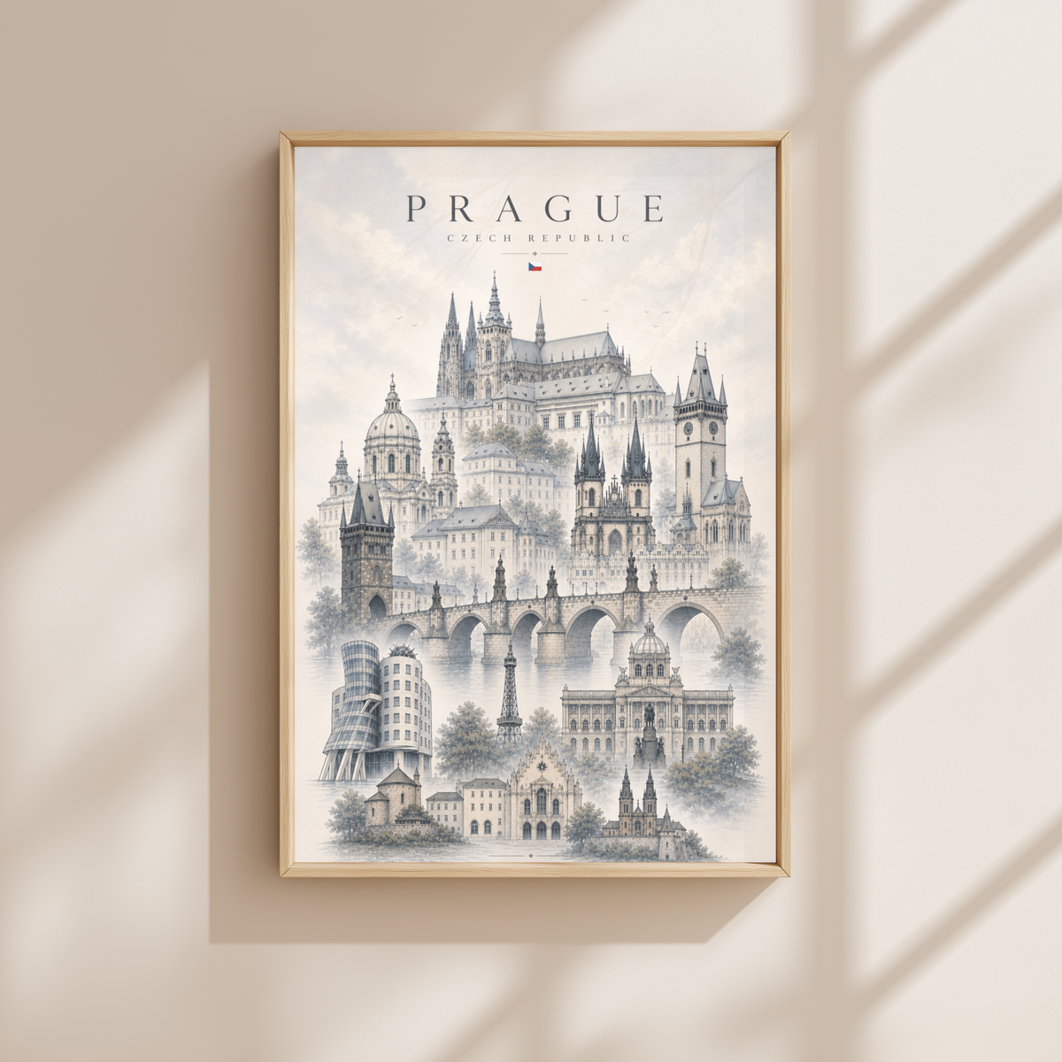 Prague Czech Republic Travel Wall Art - Landmarks with Typography (Unframed)