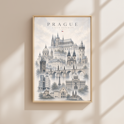 Prague Czech Republic Travel Wall Art - Landmarks with Typography (Unframed)