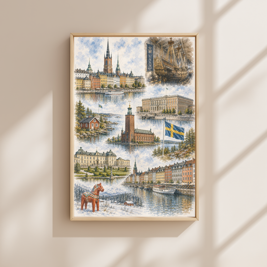 Stockholm Sweden Travel Wall Art - Landmarks Collage (Unframed)