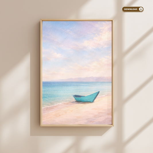 Coastal Beach Wall Art Print – Turquoise Boat (Digital Download)