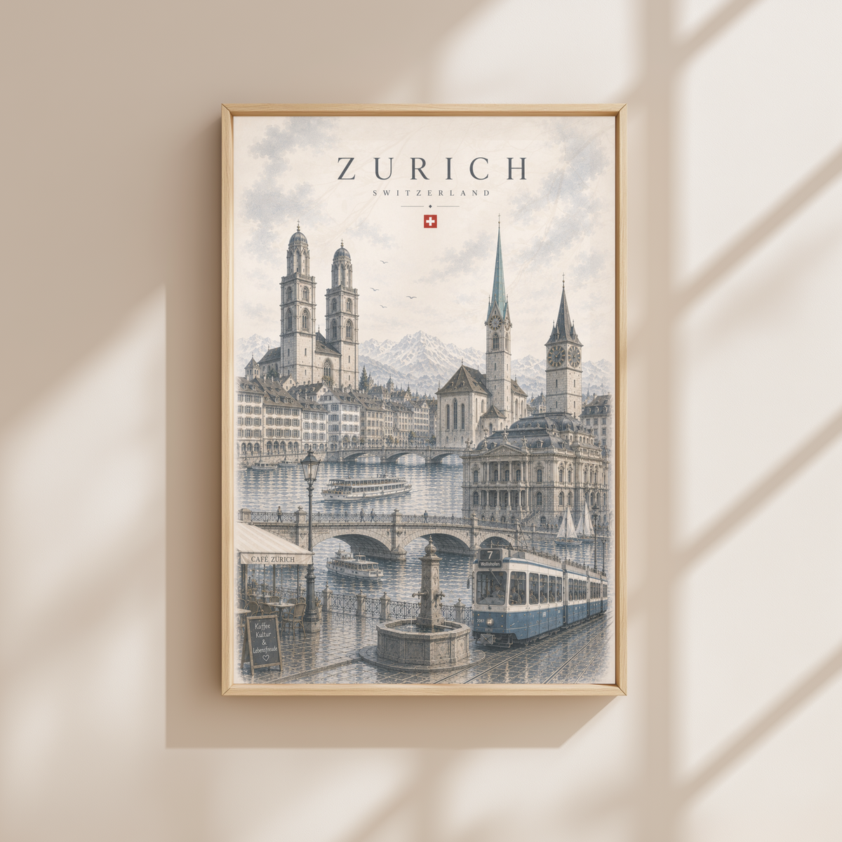 Zurich Switzerland Travel Wall Art - Landmarks with Typography (Unframed)