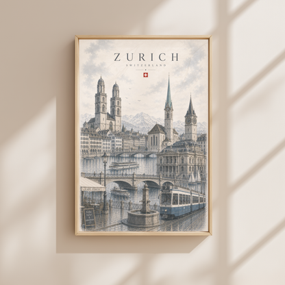 Zurich Switzerland Travel Wall Art - Landmarks with Typography (Unframed)