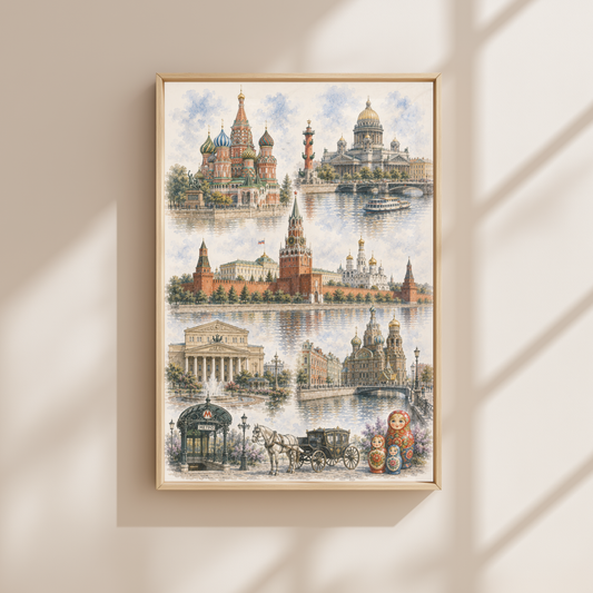 Moscow Russia Travel Wall Art - Landmark Collage (Unframed)