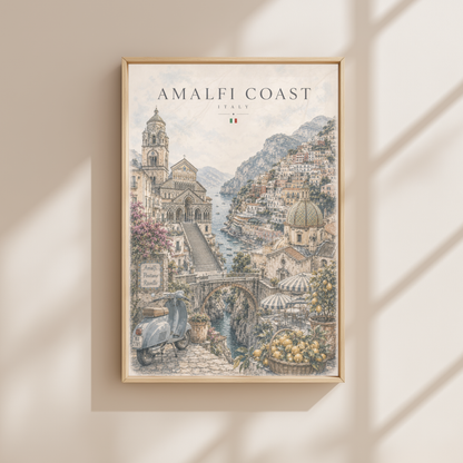 Amalfi Coast Italy Travel Wall Art - Landmarks with Typography (Unframed)