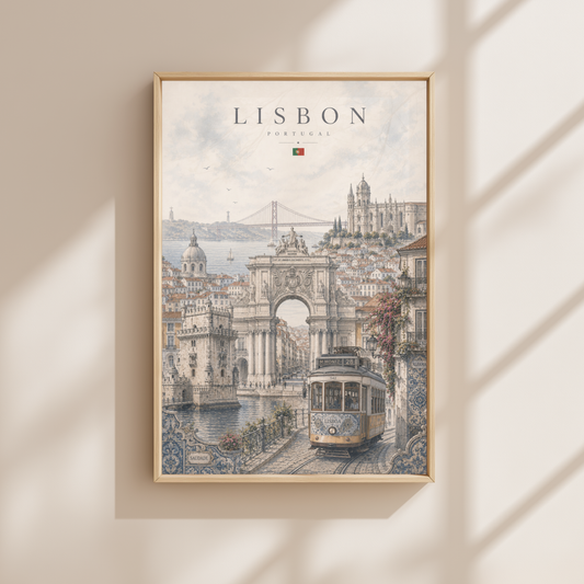 Lisbon Portugal Travel Wall Art - Landmarks with Typography (Unframed)