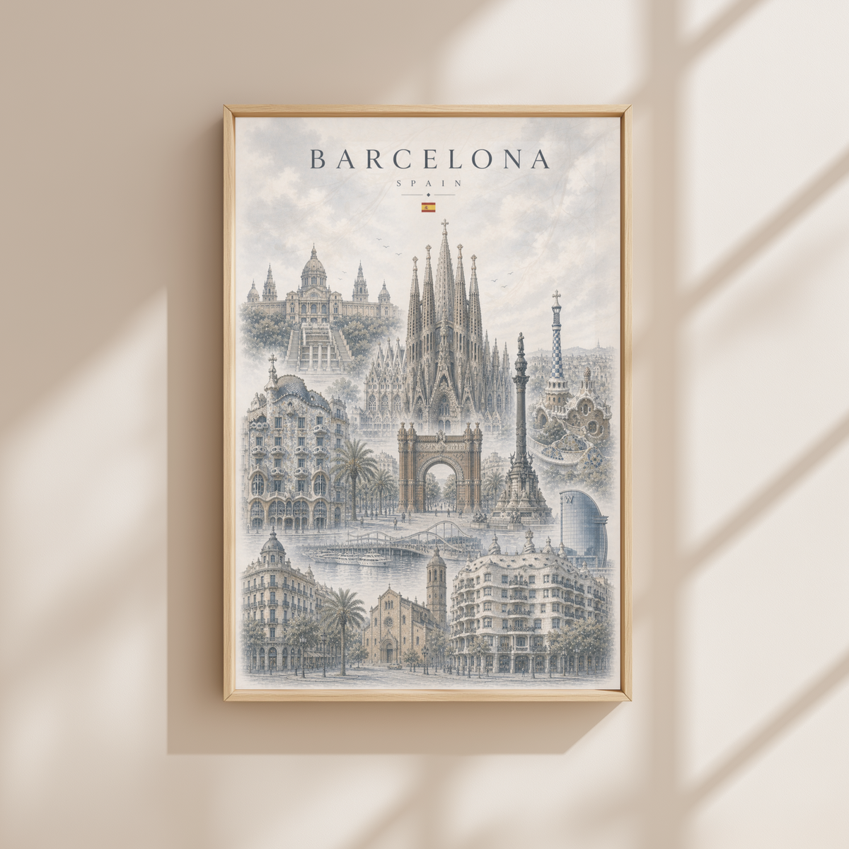 Barcelona Spain Travel Wall Art - Landmarks with Typography (Unframed)
