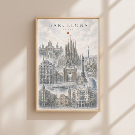 Barcelona Spain Travel Wall Art - Landmarks with Typography (Unframed)