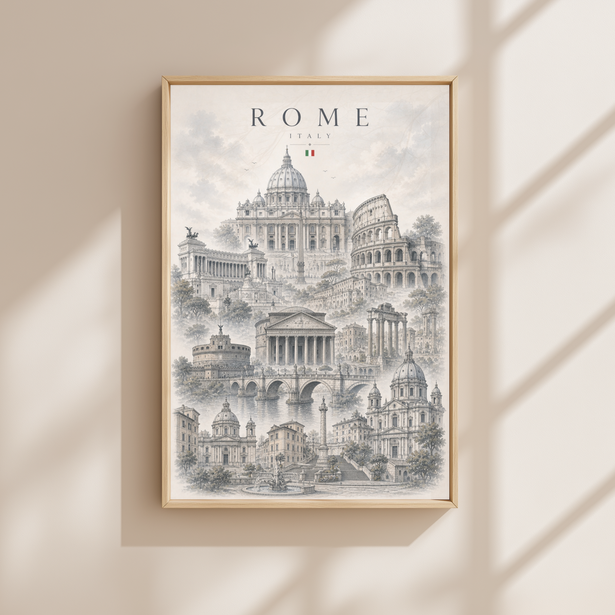 Rome Italy Travel Wall Art - Landmarks with Typography (Unframed)