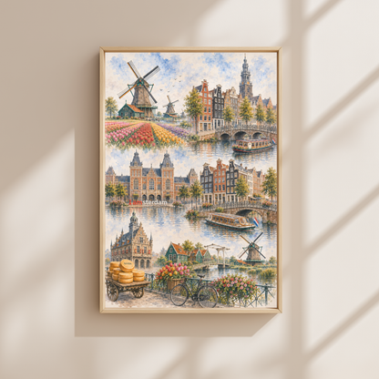 Amsterdam Netherlands Travel Wall Art - Landmark Collage (Unframed)