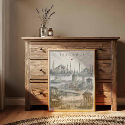 Istanbul Turkiye Travel Wall Art - Landmarks with Typography (Unframed)