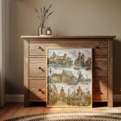 Krakow Poland Travel Wall Art - Landmark Collage (Unframed)