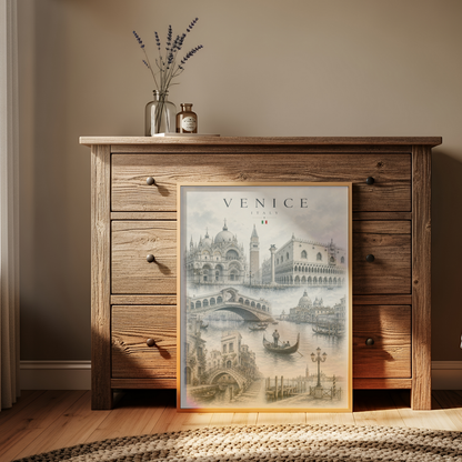 Venice Italy Travel Wall Art - Landmarks with Typography (Unframed)