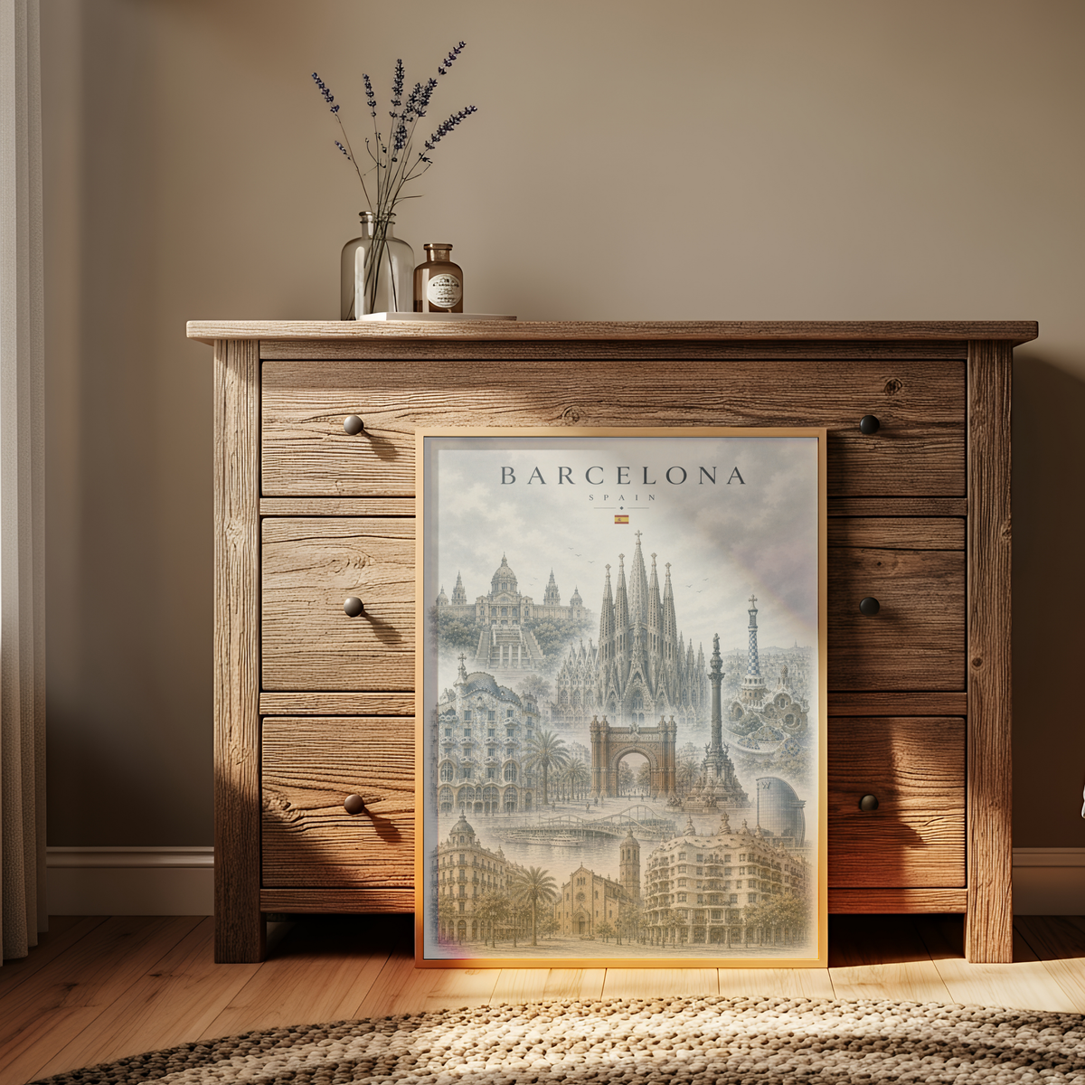 Barcelona Spain Travel Wall Art - Landmarks with Typography (Unframed)
