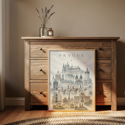 Prague Czech Republic Travel Wall Art - Landmarks with Typography (Unframed)