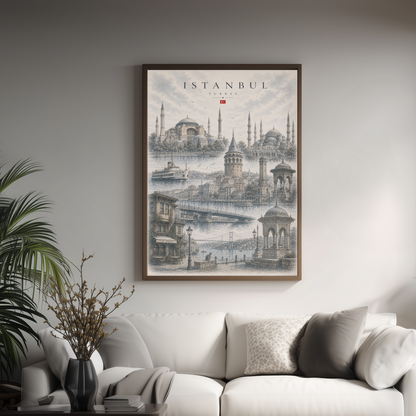Istanbul Turkiye Travel Wall Art - Landmarks with Typography (Unframed)
