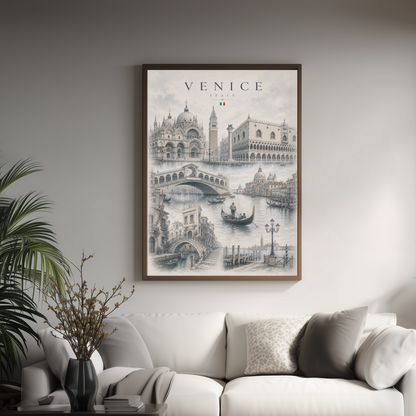 Venice Italy Travel Wall Art - Landmarks with Typography (Unframed)