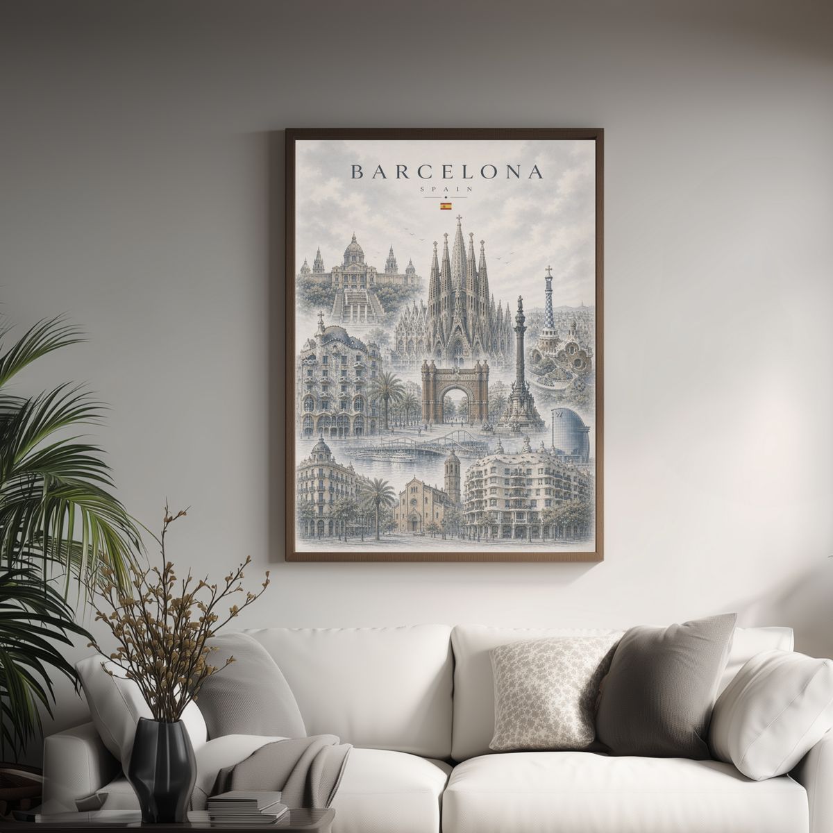 Barcelona Spain Travel Wall Art - Landmarks with Typography (Unframed)
