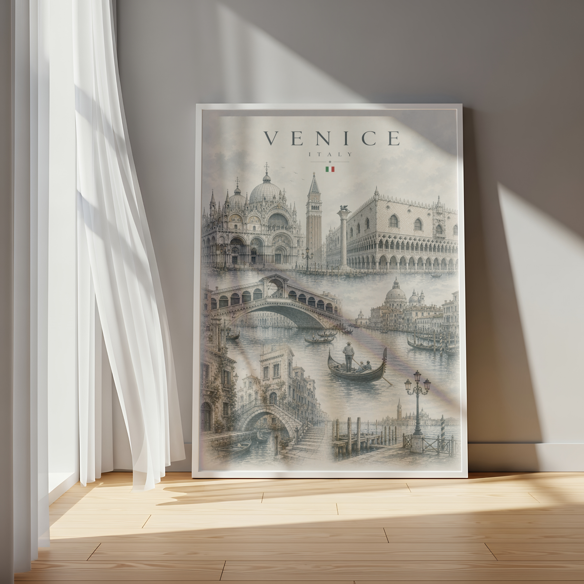 Venice Italy Travel Wall Art - Landmarks with Typography (Unframed)