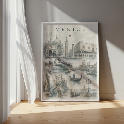 Venice Italy Travel Wall Art - Landmarks with Typography (Unframed)