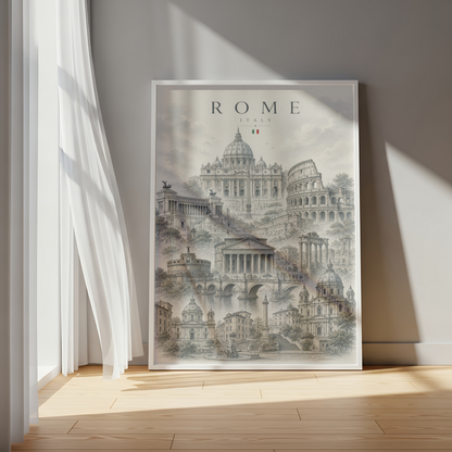 Rome Italy Travel Wall Art - Landmarks with Typography (Unframed)