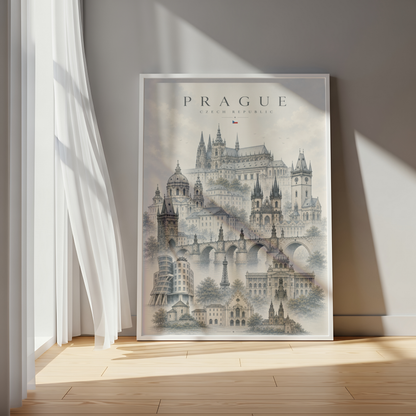 Prague Czech Republic Travel Wall Art - Landmarks with Typography (Unframed)