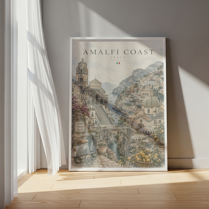 Amalfi Coast Italy Travel Wall Art - Landmarks with Typography (Unframed)