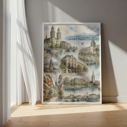 Zurich Switzerland Travel Wall Art - Landmarks Collage (Unframed)