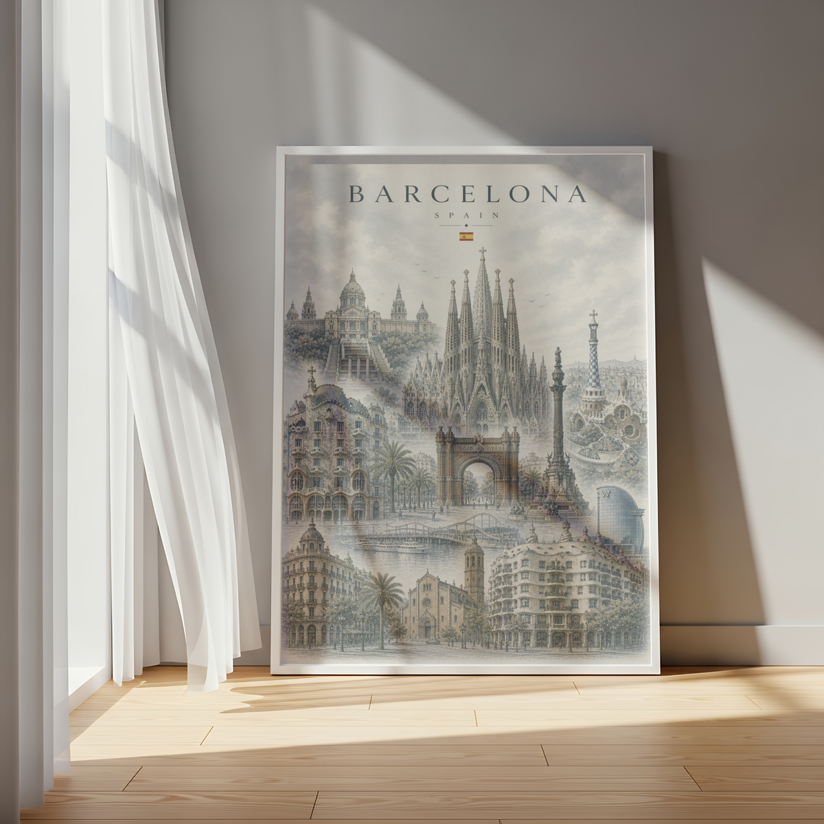 Barcelona Spain Travel Wall Art - Landmarks with Typography (Unframed)