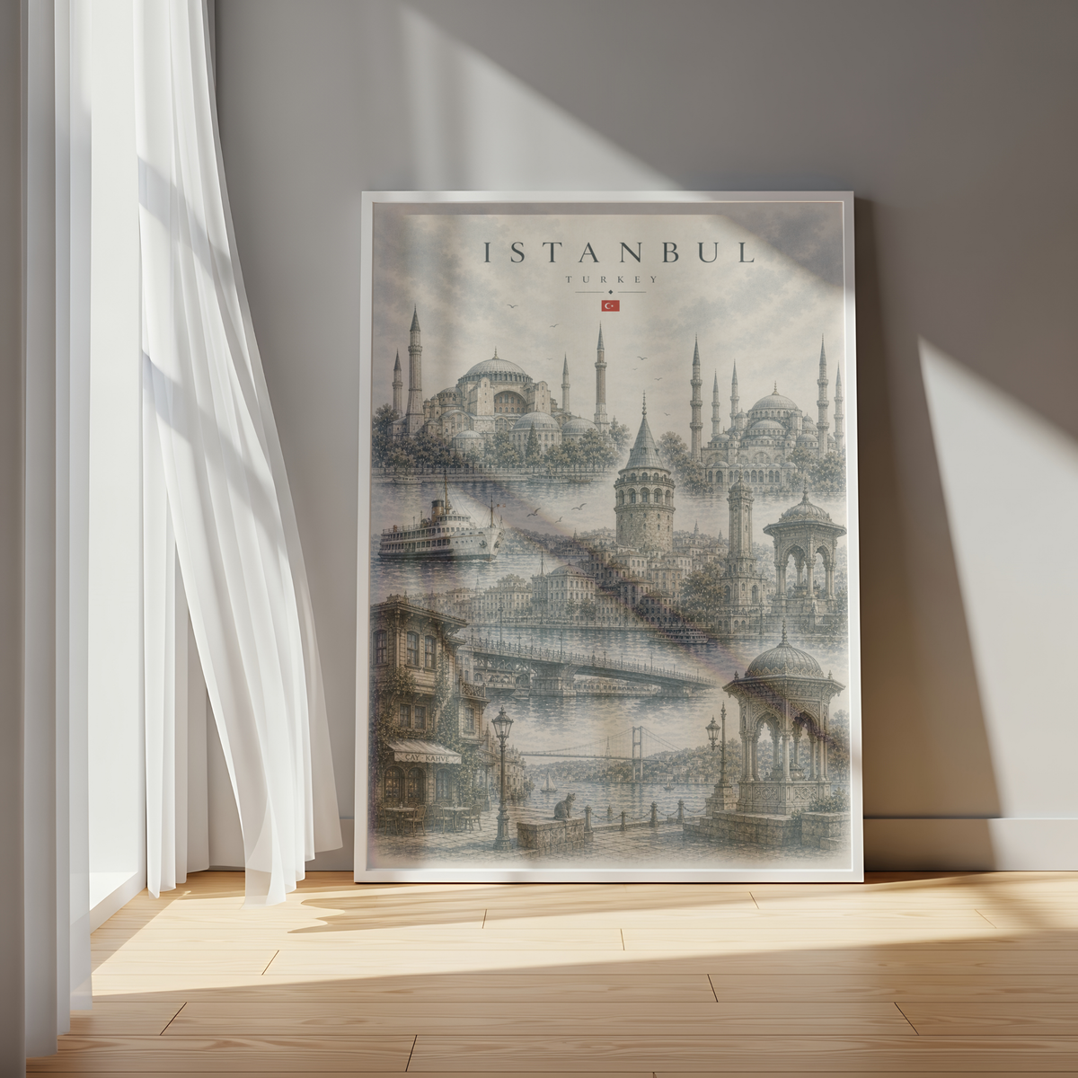 Istanbul Turkiye Travel Wall Art - Landmarks with Typography (Unframed)