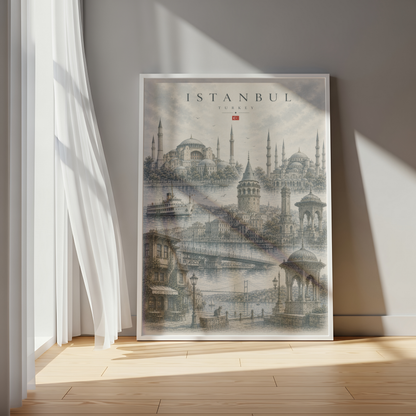 Istanbul Turkiye Travel Wall Art - Landmarks with Typography (Unframed)