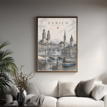Zurich Switzerland Travel Wall Art - Landmarks with Typography (Unframed)