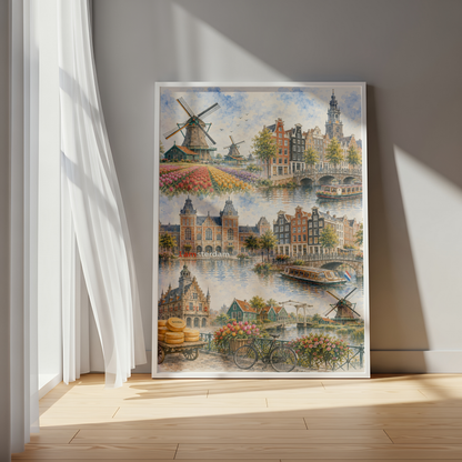 Amsterdam Netherlands Travel Wall Art - Landmark Collage (Unframed)