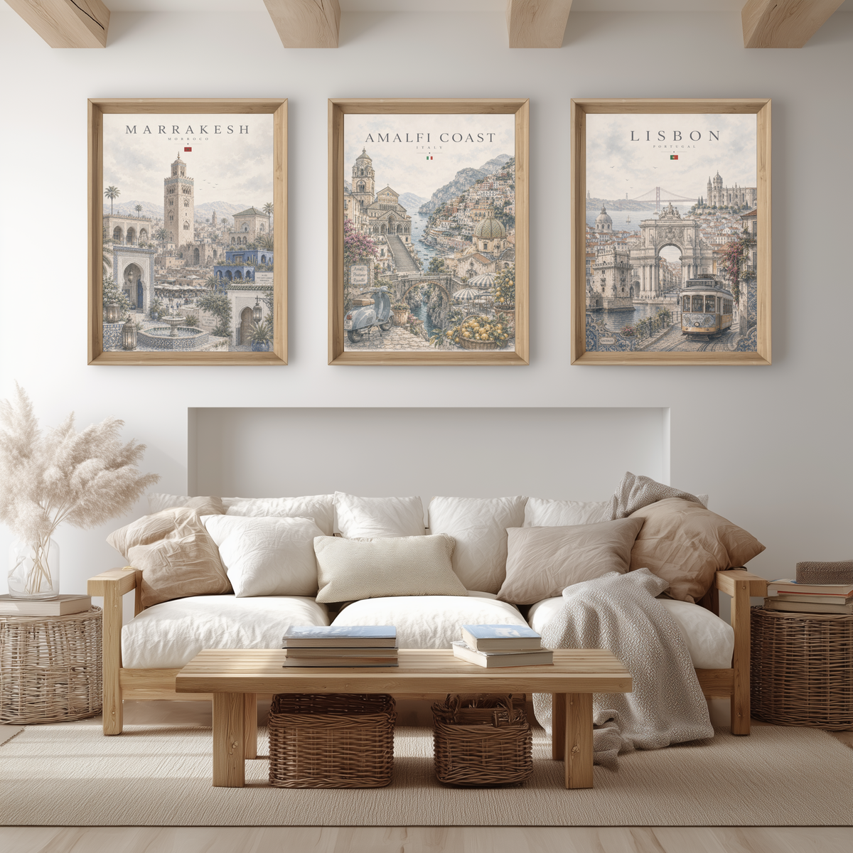Amalfi Coast Italy Travel Wall Art - Landmarks with Typography (Unframed)