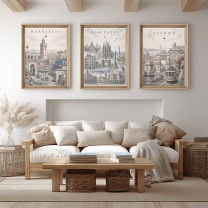 Barcelona Spain Travel Wall Art - Landmarks with Typography (Unframed)