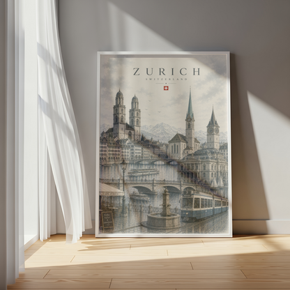Zurich Switzerland Travel Wall Art - Landmarks with Typography (Digital Download)