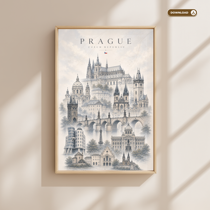 Prague Czech Republic Travel Wall Art - Landmarks with Typography (Digital Download)