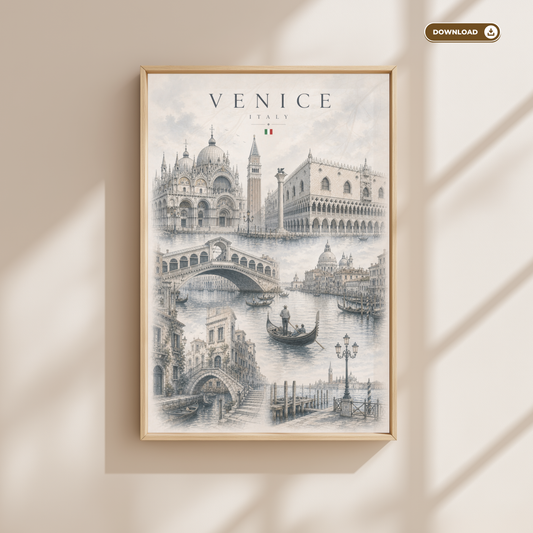 Venice Italy Travel Wall Art - Landmarks with Typography (Digital Download)