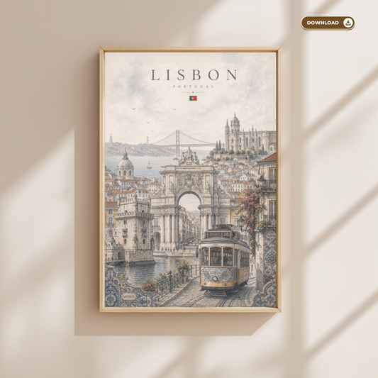 Lisbon Portugal Travel Wall Art - Landmarks with Typography (Digital Download)
