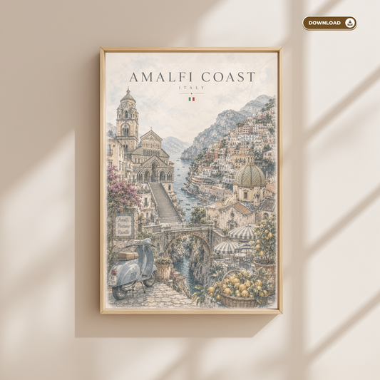 Amalfi Coast Italy Travel Wall Art - Landmarks with Typography (Digital Download)