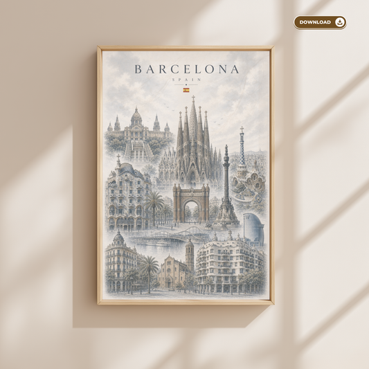 Barcelona Spain Travel Wall Art - Landmarks with Typography (Digital Download)