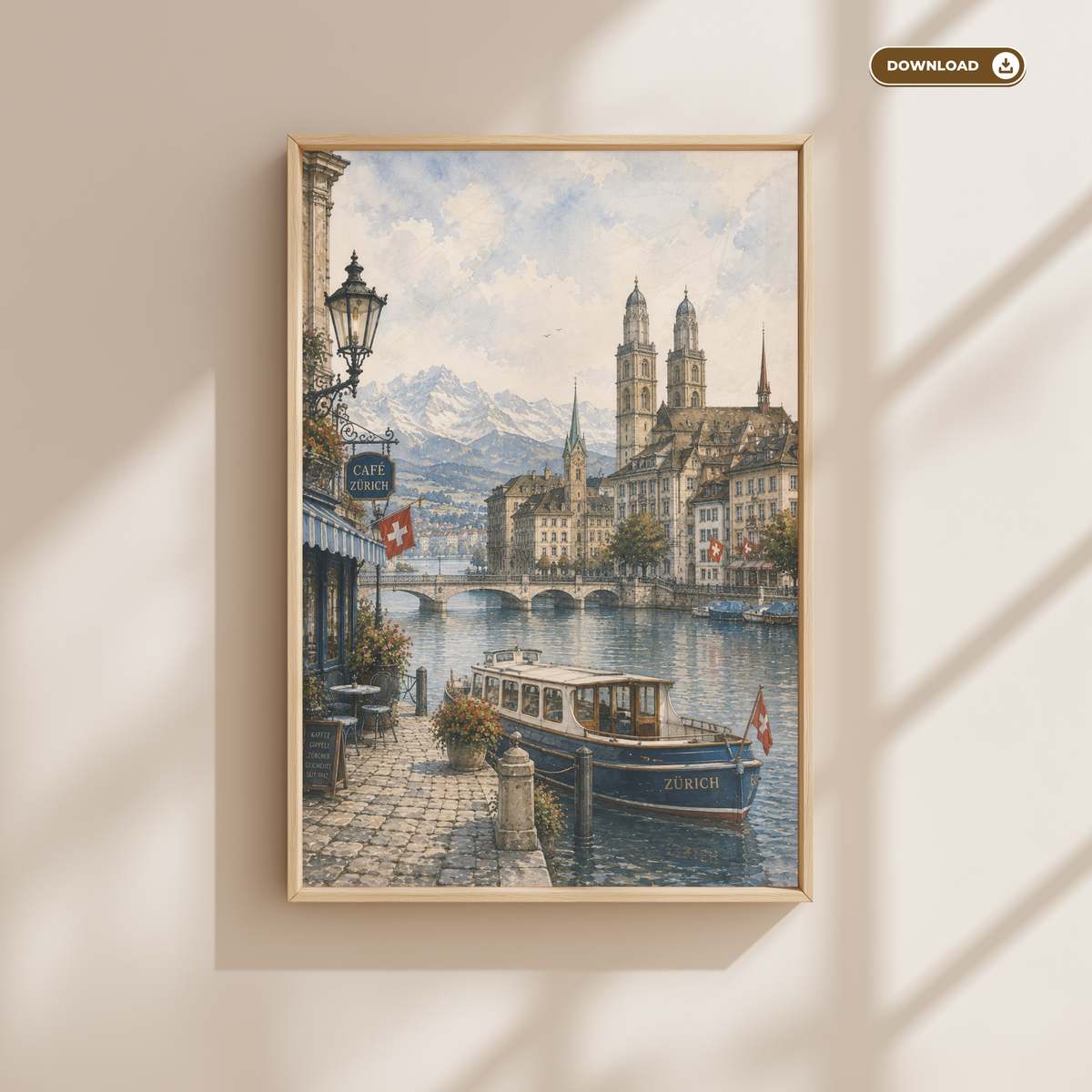 Zurich Switzerland Travel Wall Art - Vintage (Digital Download)